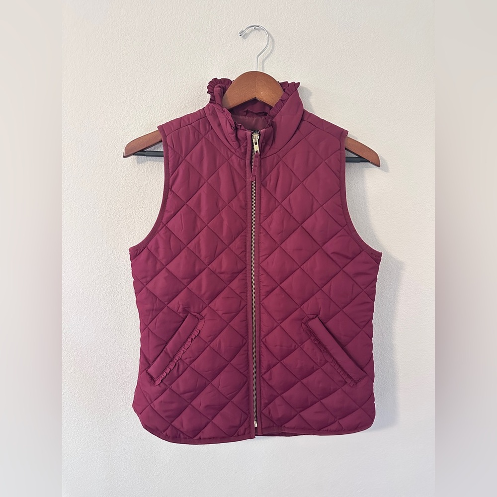 J. CREW Vest Mercantile Women Medium Quilted Down Cabernet Burgundy Full Zip XS